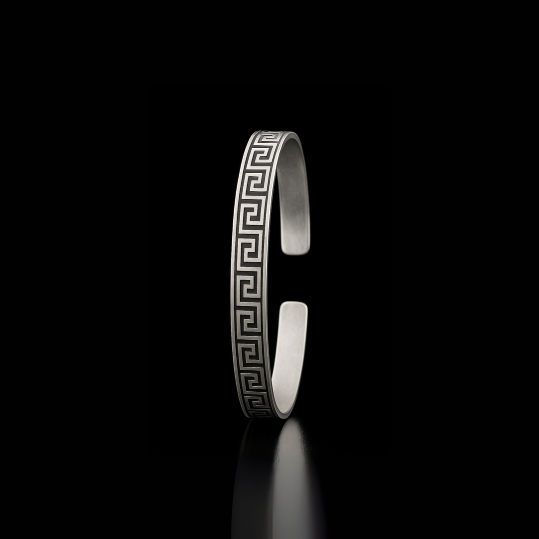 Men’s Sterling Silver Kada with Greek Key Engraving – Brushed Matte Finish - SILVER OCEAN Men’s Sterling Silver Kada with Greek Key Engraving – Brushed Matte Finish