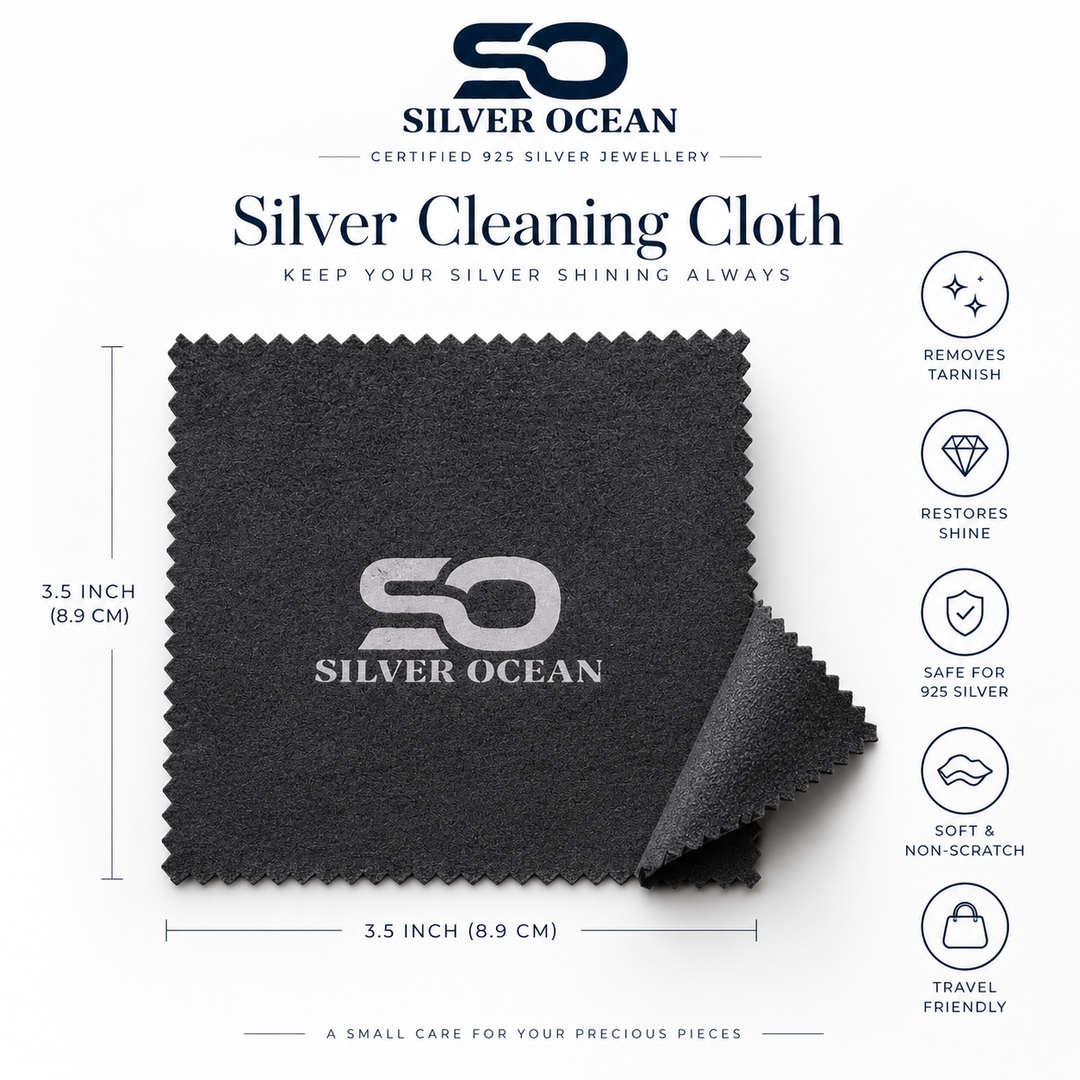 Black Silver Ocean microfiber cleaning cloth for jewelry, showing texture and logo.