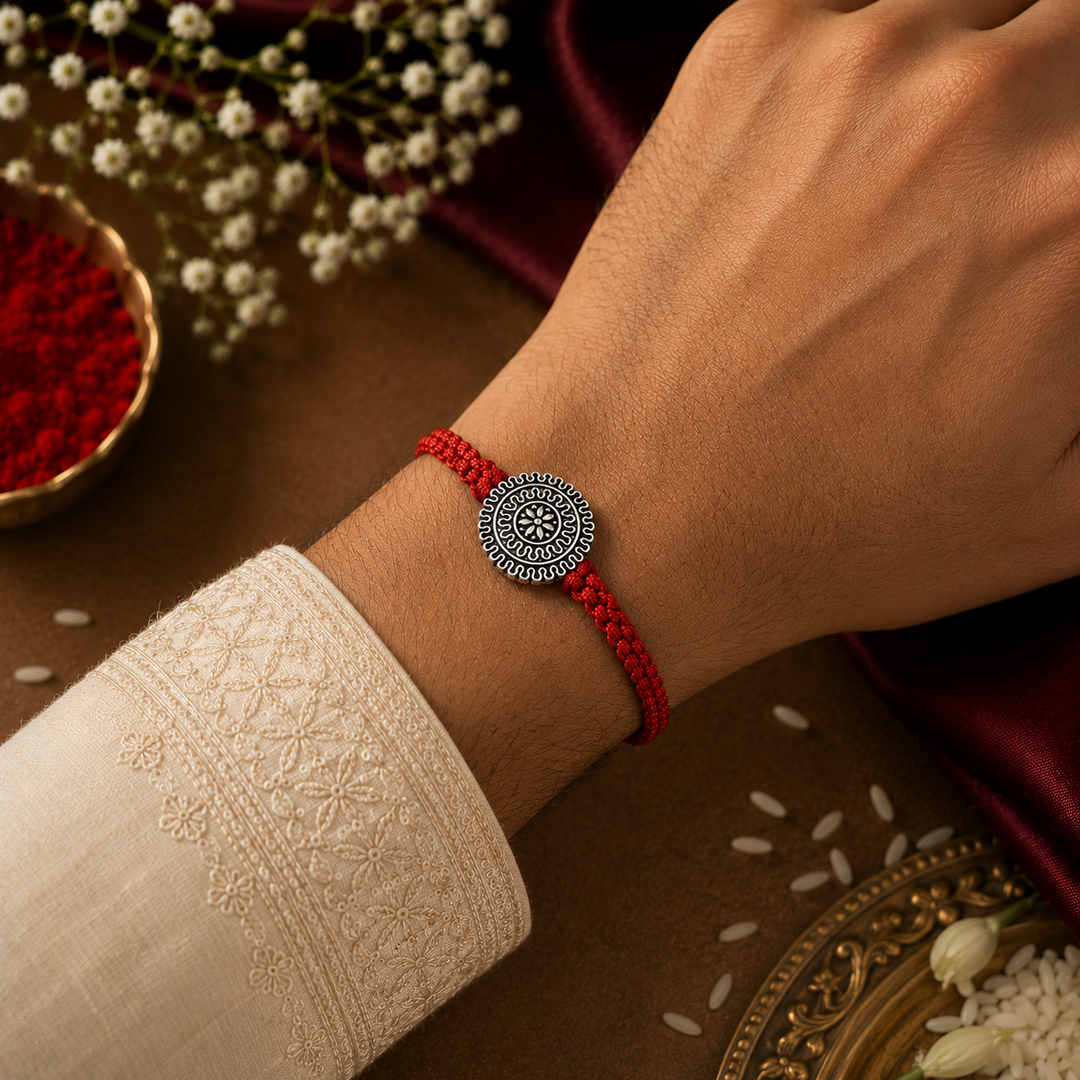 Raksha By Silver Ocean | Traditional Oxidised Floral Silver Rakhi