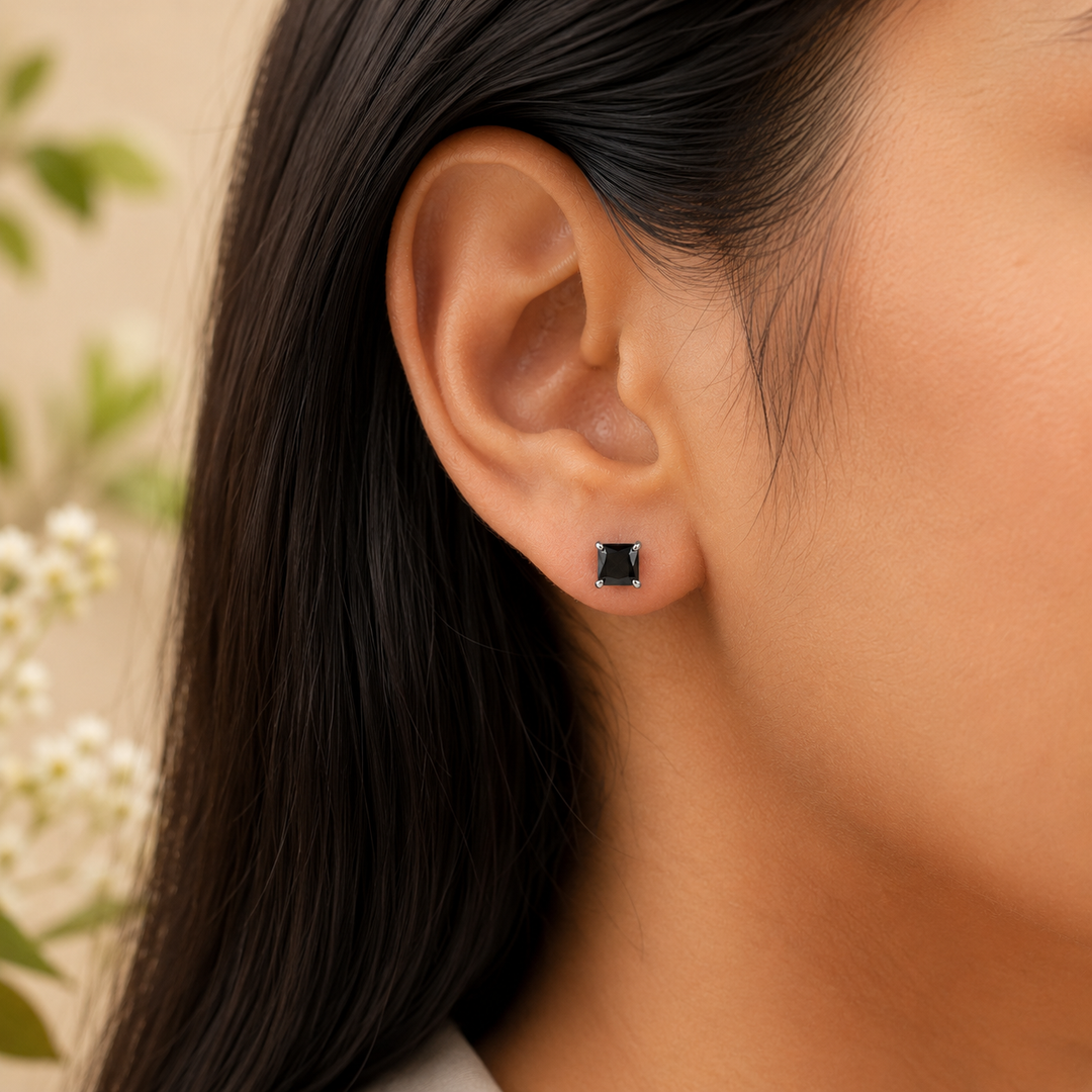 Black Square Stone Stud Earrings