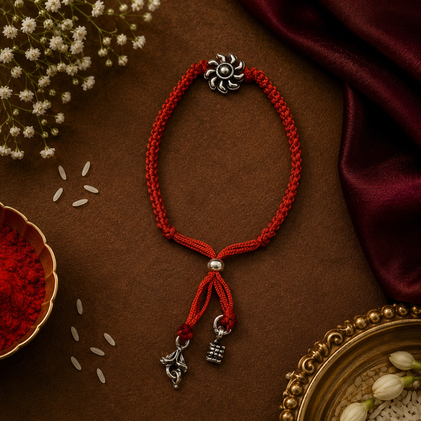 Raksha By Silver Ocean | Oxidised Floral Charm Silver Rakhi