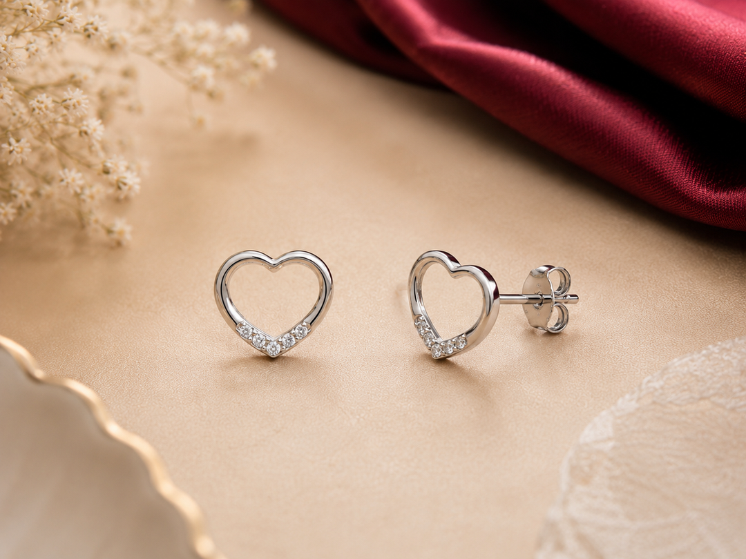 925 Sterling Silver Heart Stud Earrings with CZ Accents