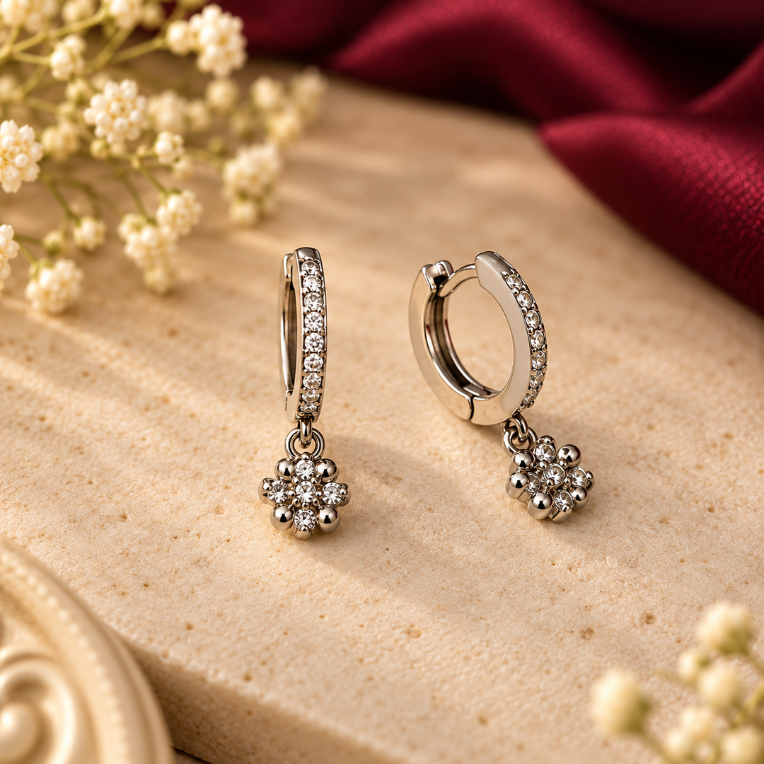 CZ Floral Drop Huggie Earrings