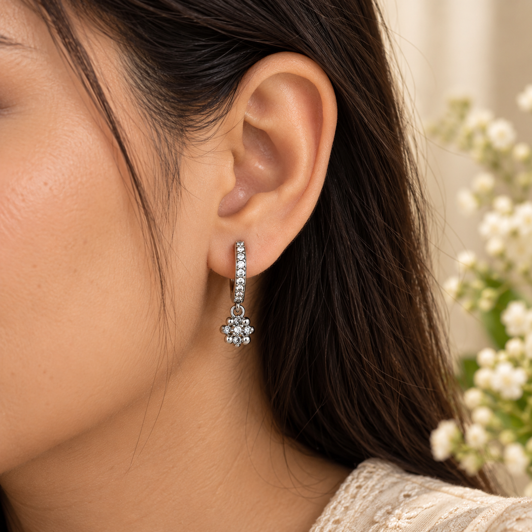 CZ Floral Drop Huggie Earrings