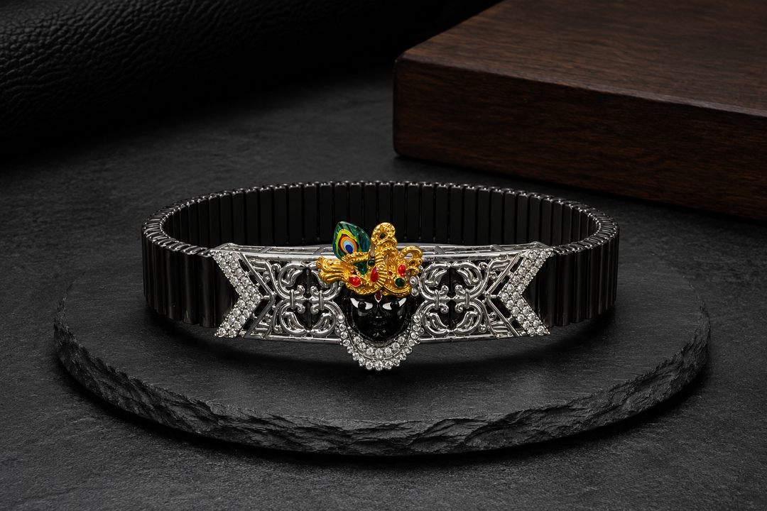 925 Sterling Silver Shrinathji Flex Bracelet for Men | CZ Designer Bracelet