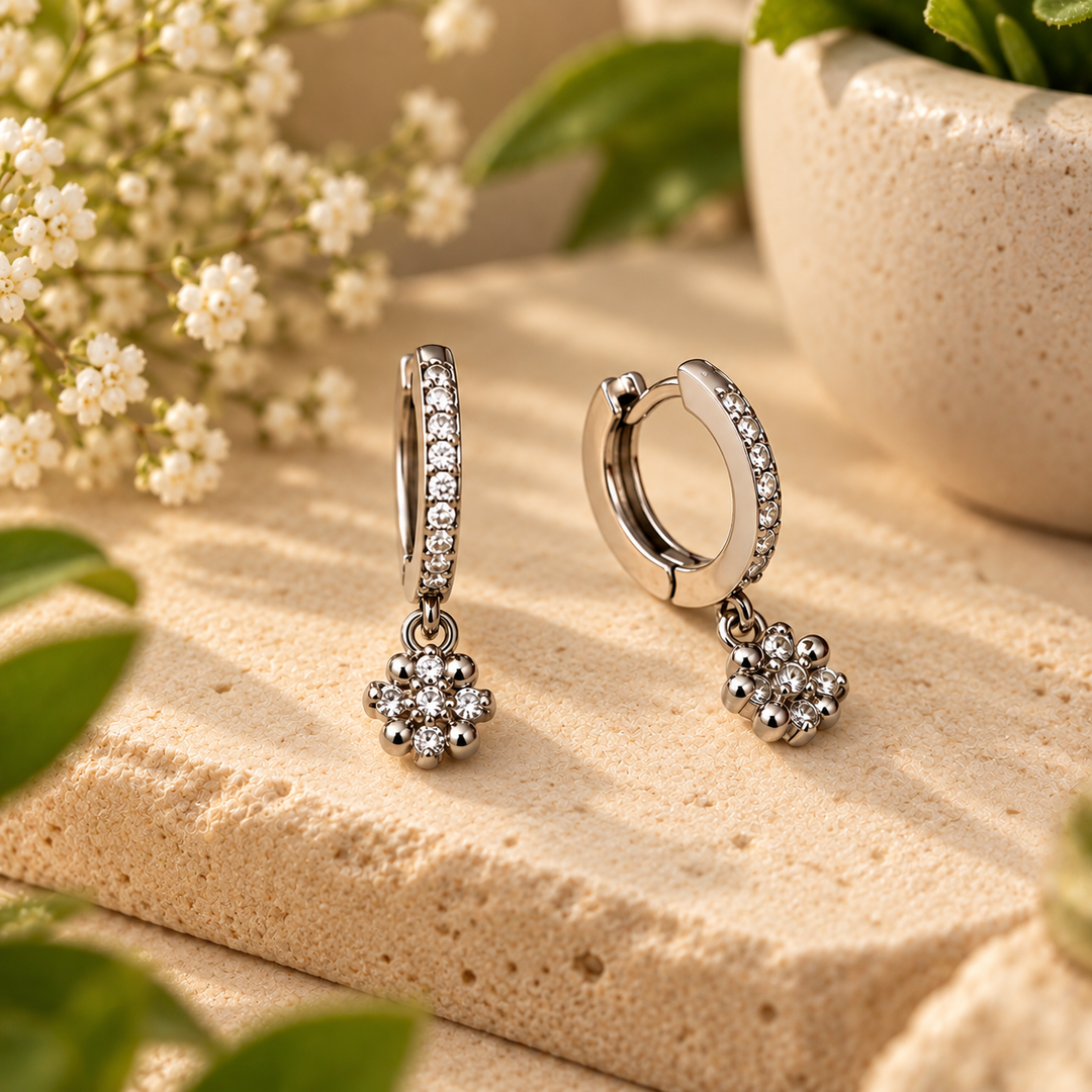 CZ Floral Drop Huggie Earrings