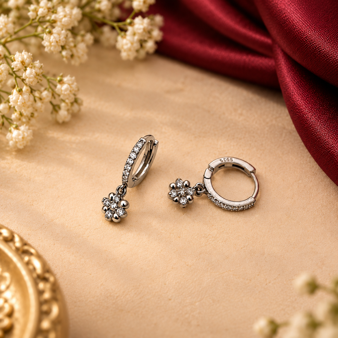 CZ Floral Drop Huggie Earrings