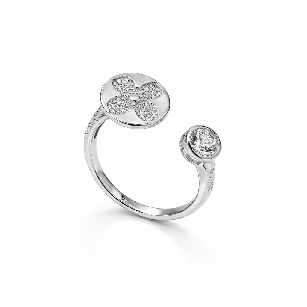 Sterling Silver Floral CZ Open Adjustable Ring