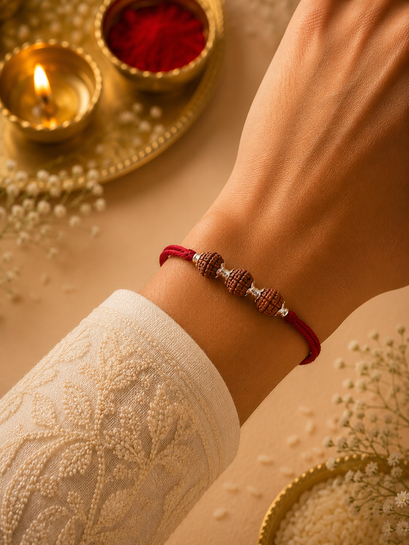 Raksha By Silver Ocean | Triple Rudraksha Silver Rakhi